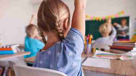 School children with ADHD raising their hands in class