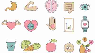 Icons representing healthy lifestyle changes, like diet, sleep, and exercise