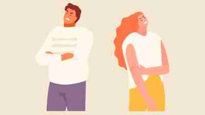 Offended man and woman standing back to back. Conflict and divorce illustration