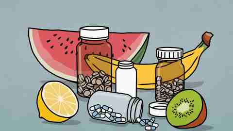 Fruit and supplement bottles against a grey-blue background.