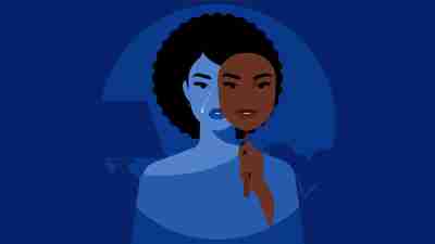 Sad woman covering face with mask expressing opposite emotion. Sad black girl. Impostor syndrome, hypocrisy, psychological problems, bipolar disorder. Illustration for poster, cover, mag.