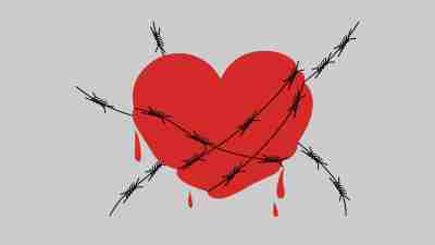 Drippy, bloody heart wrapped in barbed wire. Love symbol coiled with rod. Concept of broken relationships, toxic relationship, divorce and breakup. Love hurts. Flat vector illustration.