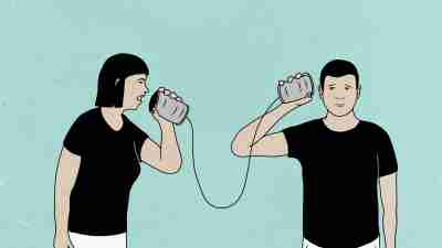 Illustration of couple communicating through tin-can phones against colored background