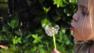 A kid with ADHD happily blowing on a dandelion after taking her ADHD meds