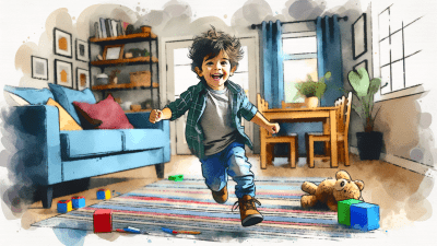 Watercolor illustration of a 5-year-old boy energetically running around inside his home, surrounded by a whimsical blur of soft, pastel colors. The scene captures the boy in mid-motion, with a playful expression, amidst a background featuring vague outlines of furniture and toys. Signs of ADHD in 5-year-olds are commonly related to hyperactivity and impulsivity.