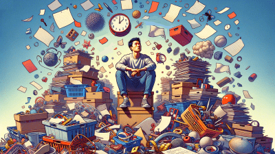 A surreal illustration depicting a man seated calmly atop a box amidst a chaotic swirl of objects in mid-air. Around him, a diverse array of items such as books, papers, clocks, a vintage typewriter, and personal effects are scattered and floating against a serene sky. The scene conveys a sense of organized chaos, emphasizing the man's serene demeanor in the midst of overwhelming disarray. Image generated by AI.