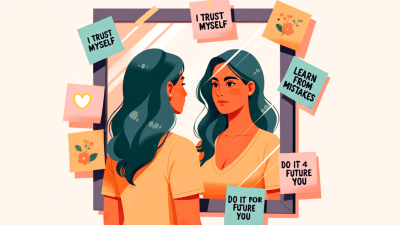 An illustration of a woman looking at herself in the mirror with quiet confidence, surrounded by motivational sticky notes. "Why don't I trust myself?" is a common question that individuals with undiagnosed ADHD ask themselves until they learn of the condition. The illustration captures the importance of self-awareness in learning to trust oneself and manage ADHD.