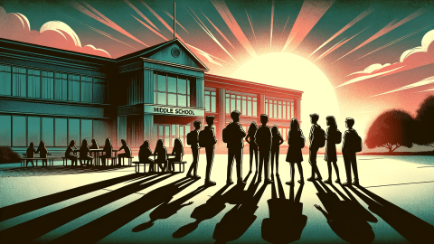 An AI-generated illustration depicting middle school students gathered outside the school building. The image depicts the hazards of zero-tolerance policies, which disproportionately impact Black students with disabilities.