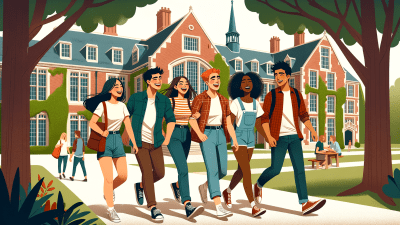 An illustration of a group of friends walking through their college campus. Making friends in college with ADHD.