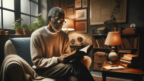 A Black man in his 60s, wearing glasses and a soft sweater, sits comfortably in an armchair, deeply engrossed in reading an aged book. Image depicts a person learning about whether ADHD worsens with age. Image generated by AI.