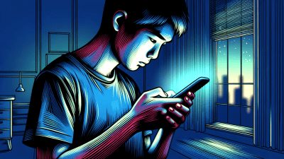 stylized illustration of someone endlessly scrolling through their smartphone, depicted with simplified, abstract forms. The image emphasizes the modern digital interaction, highlighting the figure's engrossment with the glowing phone in a dimly lit setting.