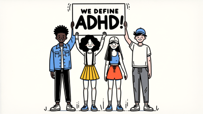 A simple doodle style of people holding a sign that reads, "We Define ADHD!" Generated by AI