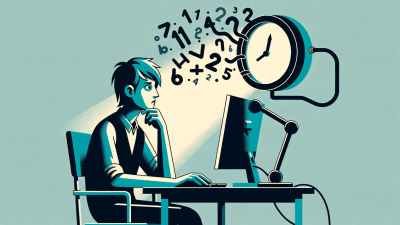 An illustration of person at a desk looking up with a confused expression at an analog clock from which the numbers are floating away. This image captures the theme of "losing track of time," a common issue with ADHD. Image generated by AI.